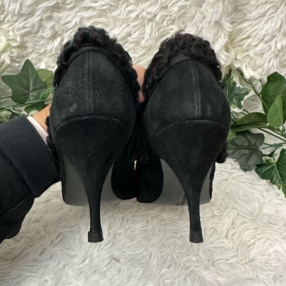 Susan Bennis/Warren Edwards Vintage Black Suede Statement Fur Patch Heels sz 8.5 - Picture 5 of 11